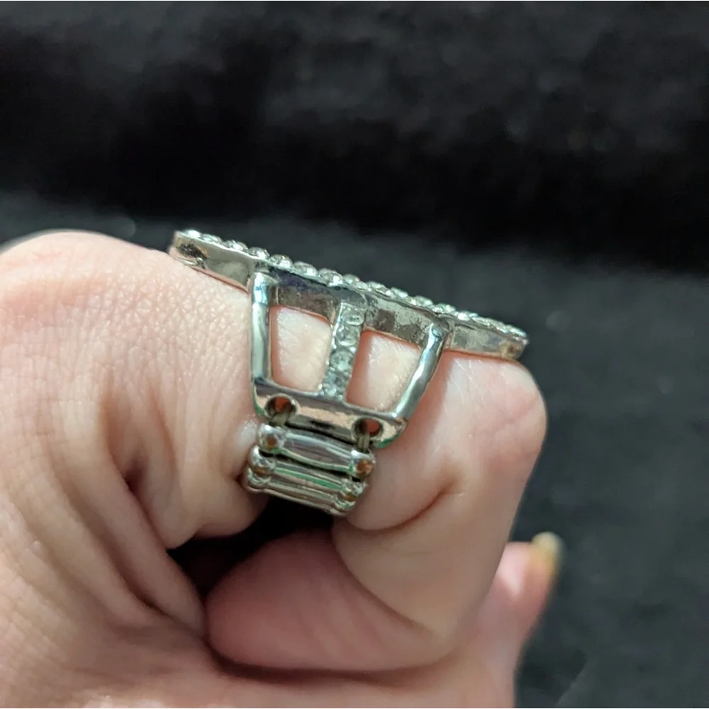 Silver Tone Clear Rhinestone Marquise Shape Statement Ring - Size 8 Adjustable